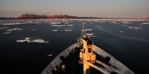 Cruise ship on the ocean near Baffin Island in Nunavut.