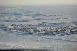 Snowy Taloyoak in Nunavut from above.