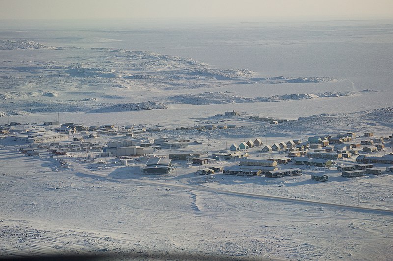 Snowy Taloyoak in Nunavut from above.
