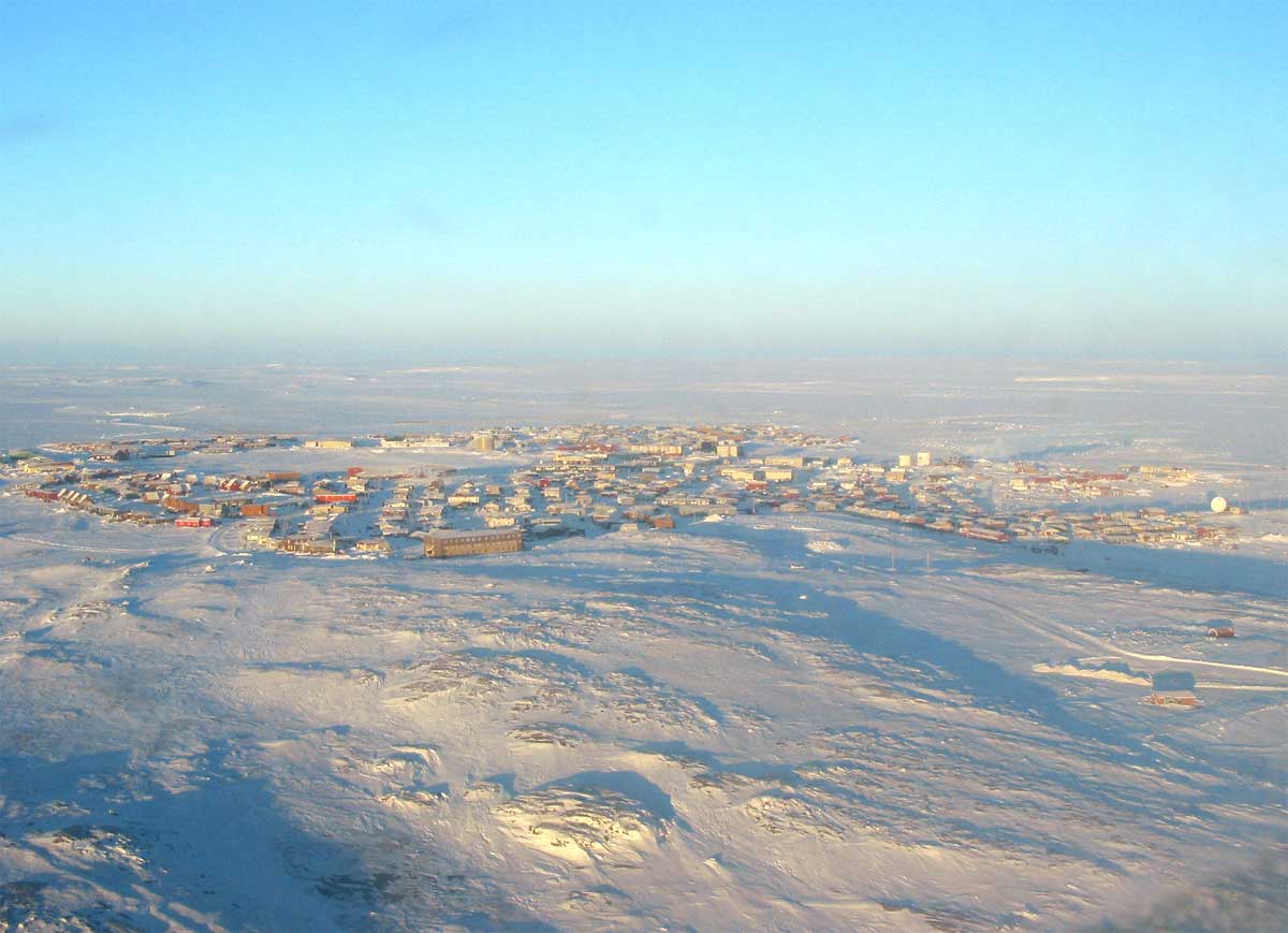 Aerial view of snowy Rankin Inlet