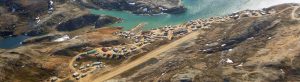 Aerial photograph of Kimmirut in Nunavut. Photograph taken in summer with a view of the water.