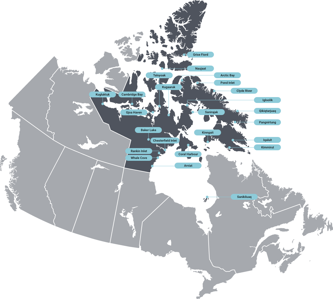 Map of Nunavut labelled with all the communities.